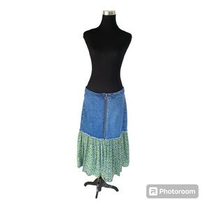Wild Fable Denim Skirt Size 14 Women's Boho Hippie Festival Tie Dye Green Blue